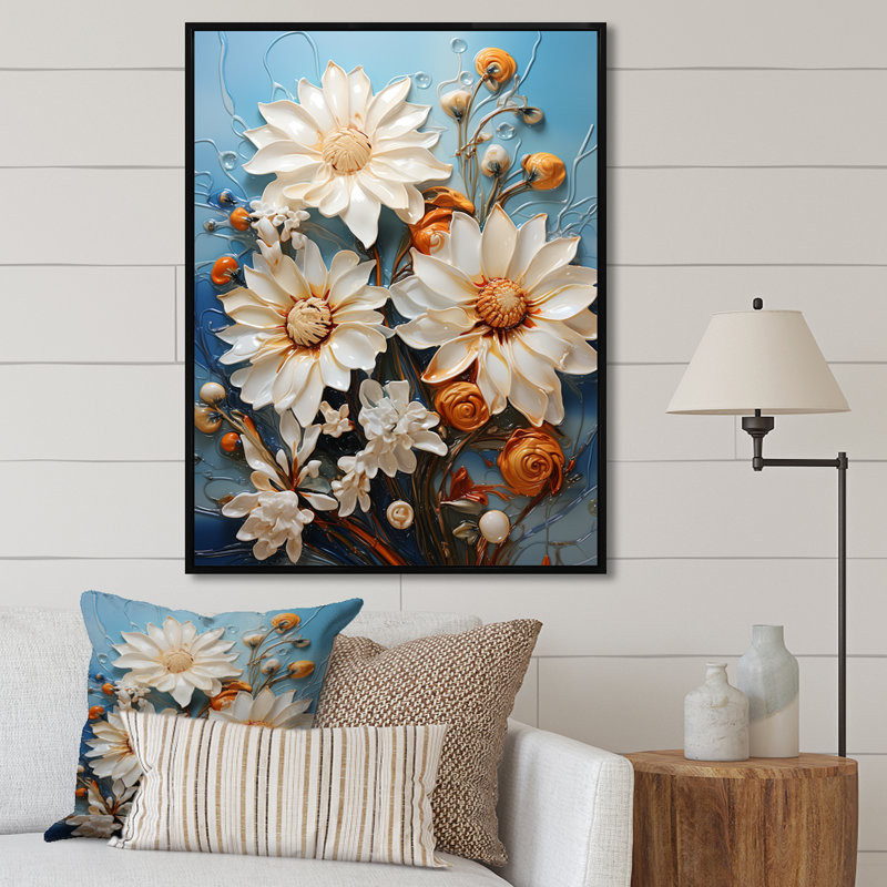 Champ de marguerites blanches et orange - impression, H 44 po x l 34 po x P 1,5 po, Cadre flottant noir