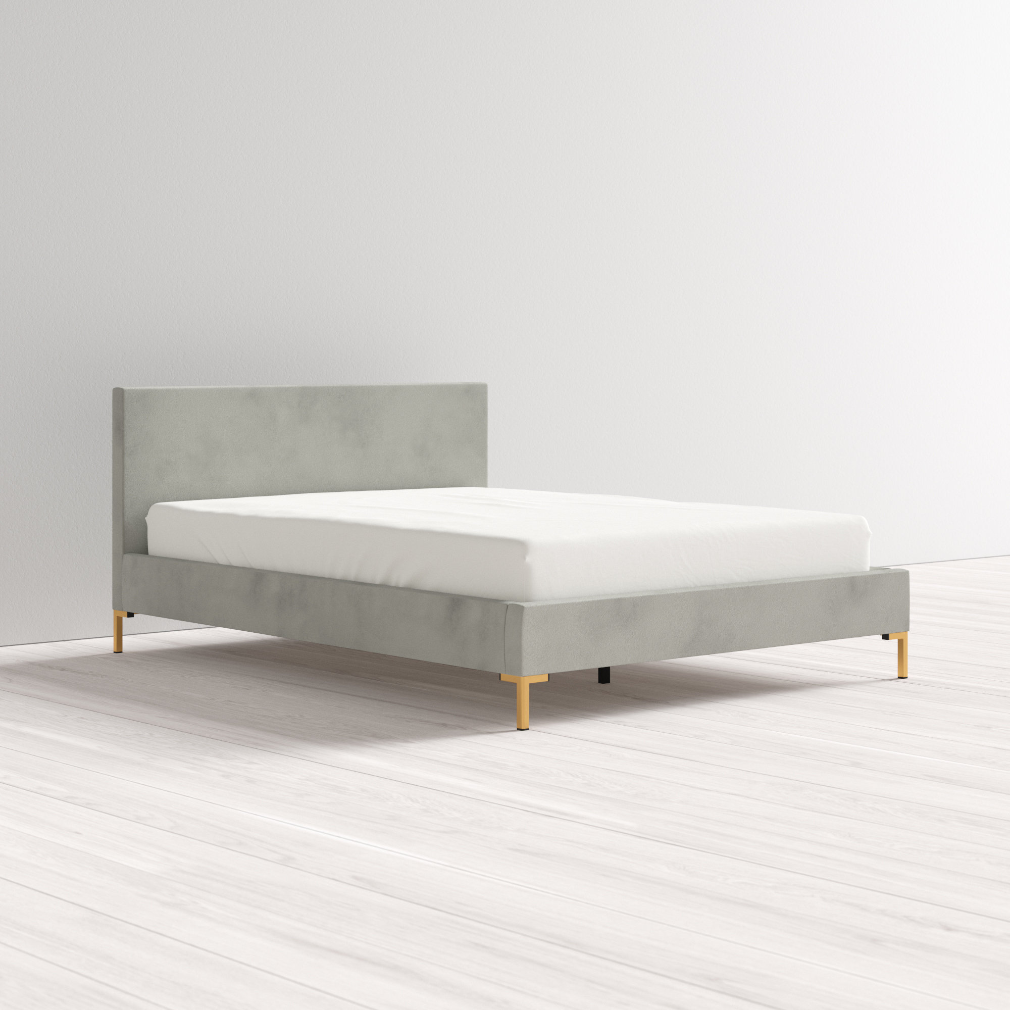 Rand Upholstered Bed, Twin, Bella Light Gray Performance Velvet, Brass