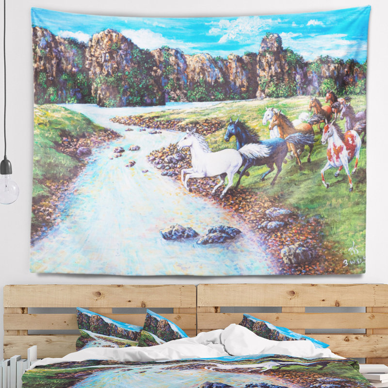 Tapisserie Chevaux traversant le ruisseau, H 32 po x l 39 po