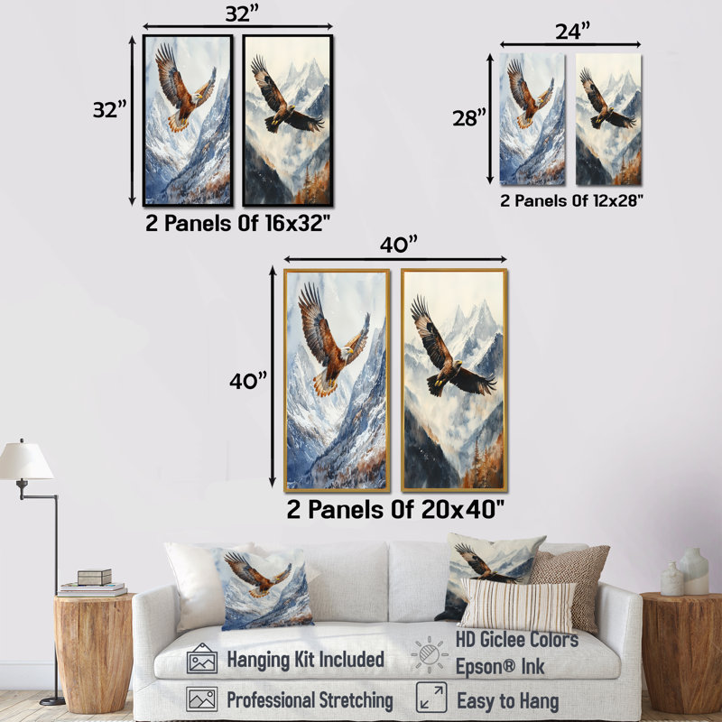 Aigle brun volant au-dessus de montagnes I - animaux, art mural 2 pièces, H 32 po x l 33 po, Cadre flottant noir
