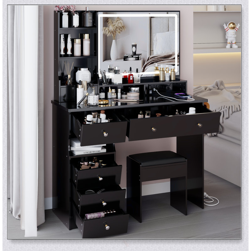 Grande coiffeuse de 41 pouces avec tiroir à gauche, tabouret rembourré, 2 blocs d'alimentation AC + 2 USB, support pour sèche-cheveux et très grand miroir à DEL 3 couleurs