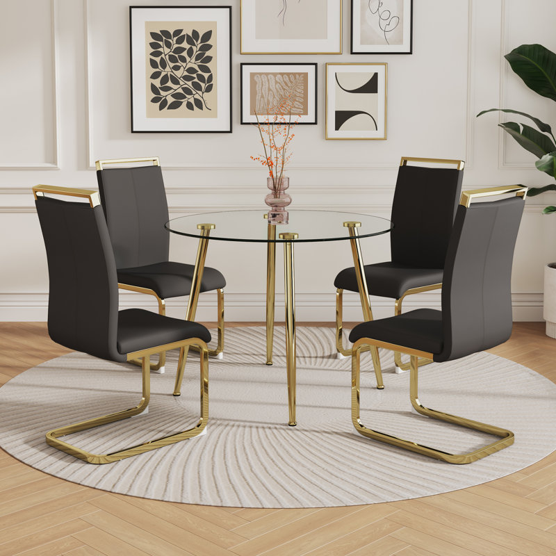 Ahanu Modern Minimalist Round Glass Top Dining Table Set with Metal Legs（Set of 5）, Black, Gold