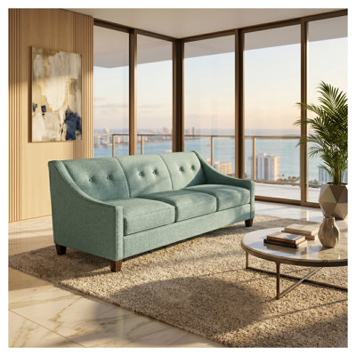 Berlin Sofa with Flared Arms, Light Blue Polyester Upholstery, Engineered Wood Frame, Made in USA