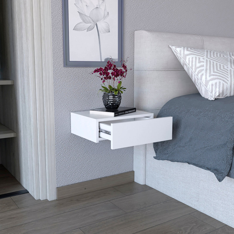 Table de chevet flottante, table de bout, table d'appoint murale avec tiroir, Blanc