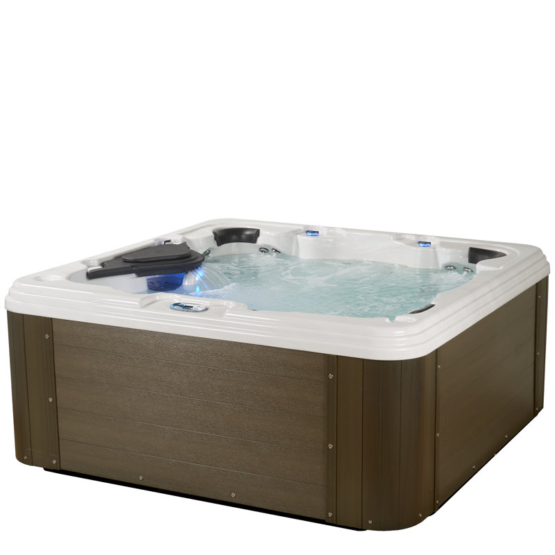 Amplified™ 6-Person 100-Jet Lounger Hot Tub Spa with Bluetooth Stereo, 3 Pumps, LED Lighting, Stainless Steel Heater and Ozonator, Insulated Cover Included and Steps Included