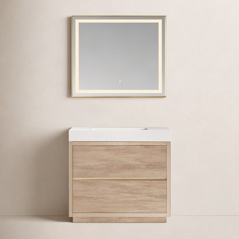 Beira Single Bathroom Vanity with Composite Top, North American Oak, White, 36"