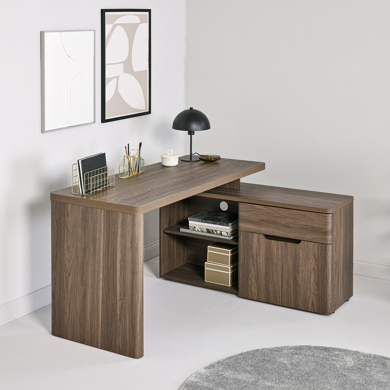 Hollice 140Cm W L-Shape Credenza Desk with Cabinet, Walnut