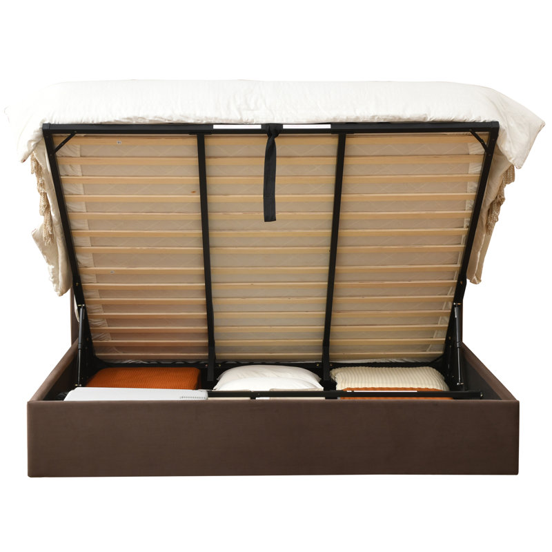Lit plateforme tapissier avec rangement Linvel, Très grand, Velours brun