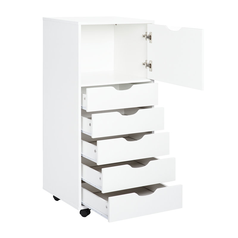 Commode d'appoint 6 tiroirs, armoire mobile à roulettes verrouillables, rangement de bureau moderne, Blanc