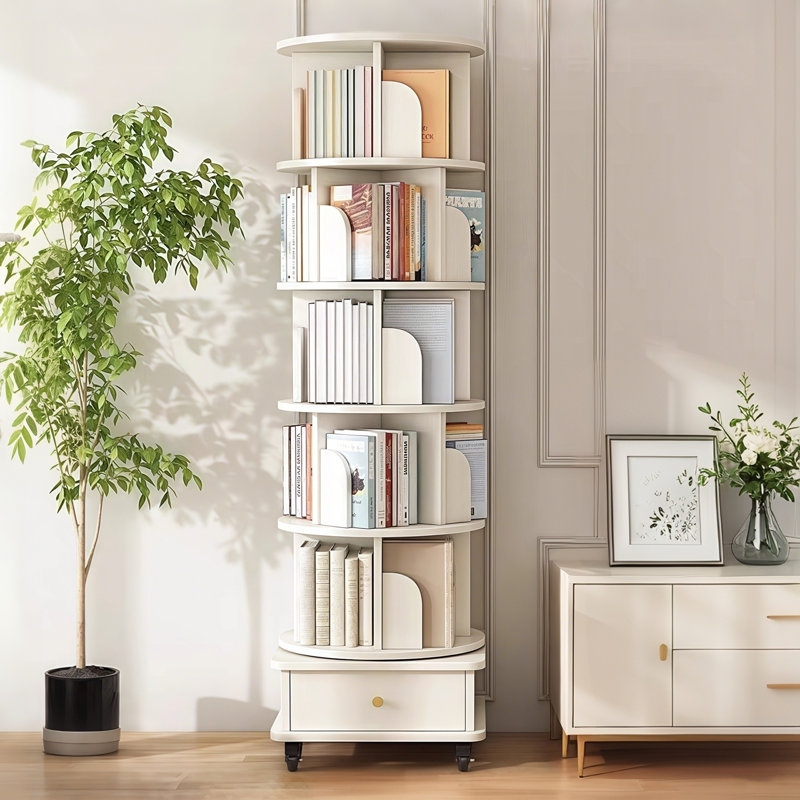Bibliothèque pivotante blanche avec roulettes et tiroir