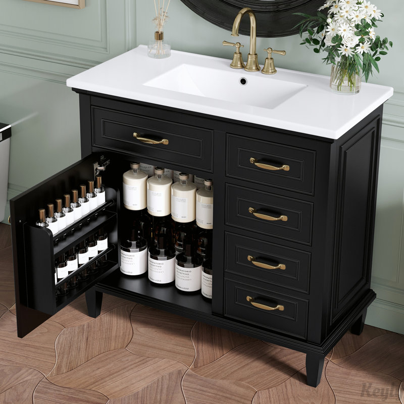 36 Inch Bathroom Vanity With Ceramic Sink, Solid Wood Frame, MDF & Poplar Cabinet, Flip Drawers, Adjustable Shelf, And Zinc Alloy Handles