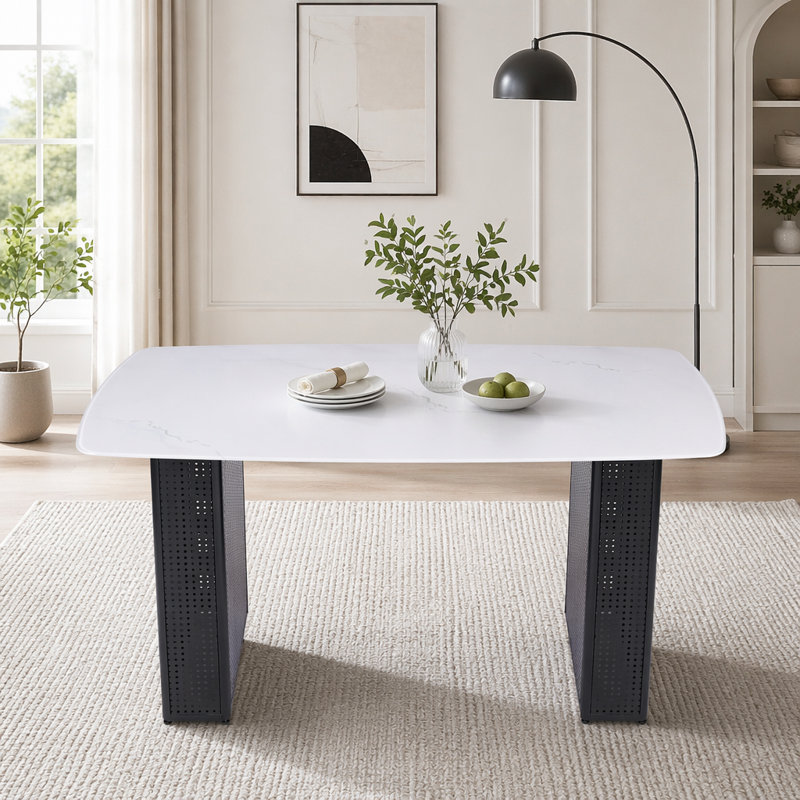 Table de salle à manger rectangulaire moderne en verre trempé avec motif en marbre, Noir
