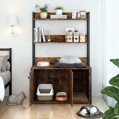 Grand bac à litière avec rangement pour tablette, meubles de toilette cachés pour chat, maison de chat en bois avec patin à griffes, armoire pour chat robuste avec 2 portes