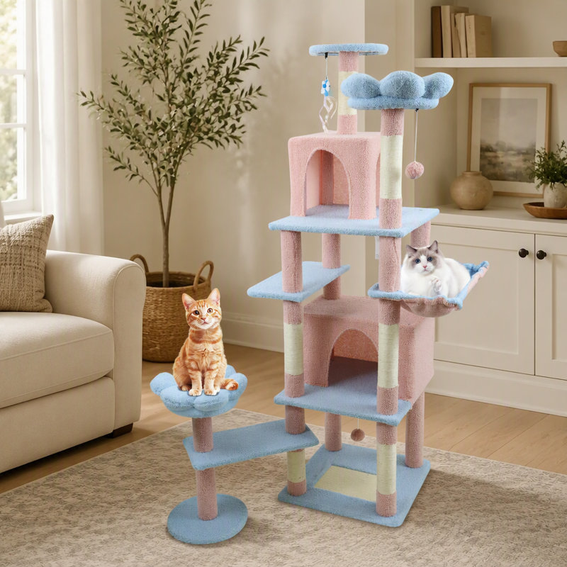 Arbre à chat 71 pouces avec grande maisonnette, coussin amovible et hamac pour grands chats, Blue