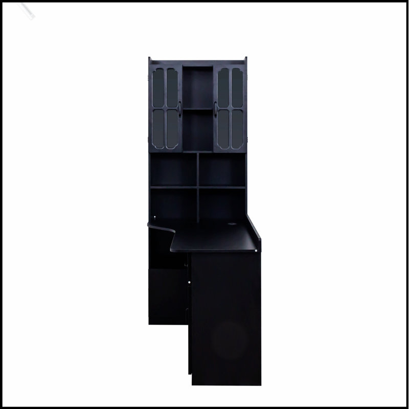 Bureau d'ordinateur de coin en L pour bureau à domicile, table d'étude de style moderne avec tiroirs, bibliothèque et huche, design 2 en 1, grand espace de travail