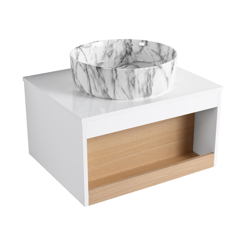 Meuble-lavabo flottant 24 po avec lavabo vasque en marbre veiné gris, meuble-lavabo mural avec tablette ouverte avec finition en bois