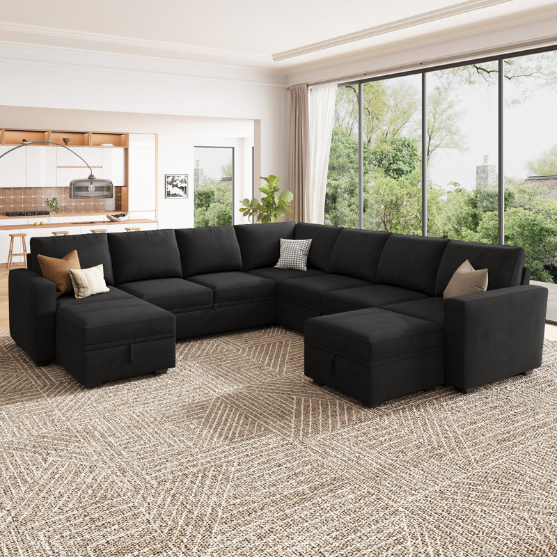Canapé-lit modulaire avec repose-pieds Caren, Velours noir