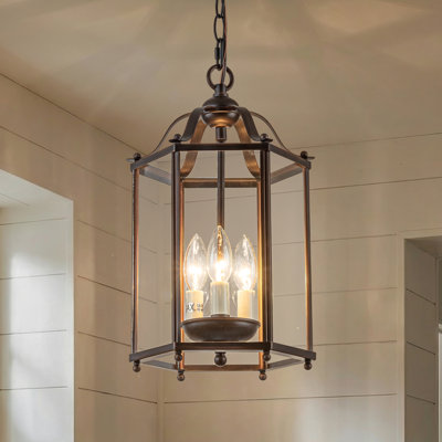 Vintage Bronze Lantern Pendant Light 3-light Farmhouse Chandelier With Clear Glass Shade 10-inch Hanging Light For Foyer Kitchen Island Dining Room