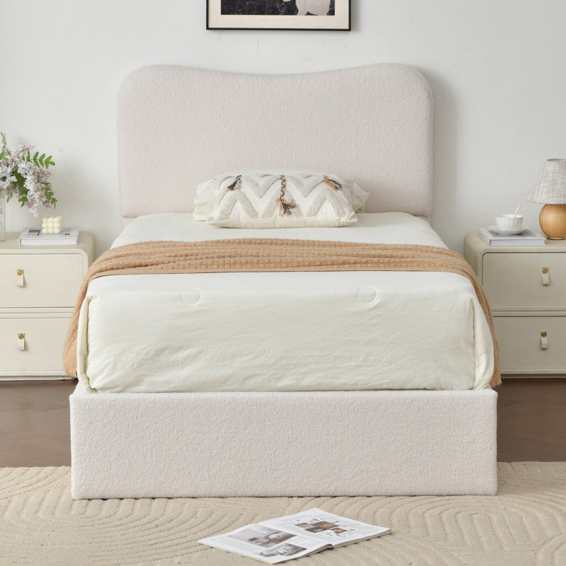 Lit plateforme tapissier Bensu Boucle, Simple, Blanc
