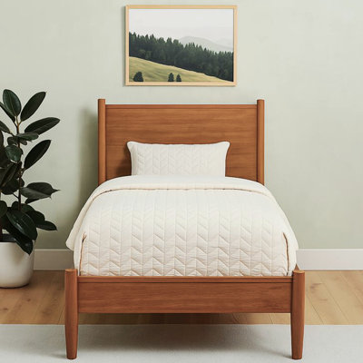 Twin Size Mid - Century Modern Bed With Oak Finish, Tapered Legs, Slatted Base For Optimal Mattress Support Platform Bed, Construction, Comfort Level