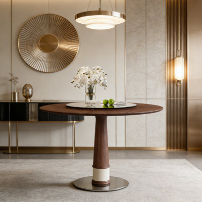 Table de salle à manger ronde 47 "en bois massif avec plateau tournant en verre et base en acier inoxydable