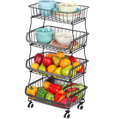 4-Tier Stackable Kitchen Metal Mesh Storage Fruits and Vegetables Organizer  Basket Rack Shelf Cart with Wheels and handle