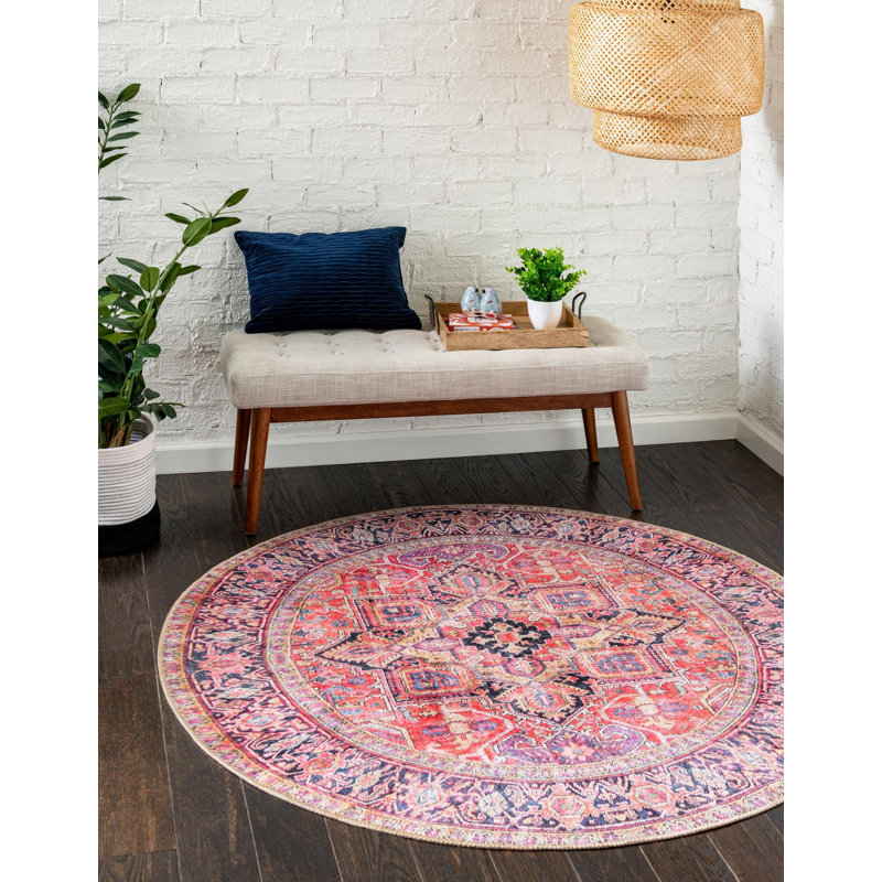 Tapis rouge / bleu marine / beige Prague, Rond 7 pi 7 po