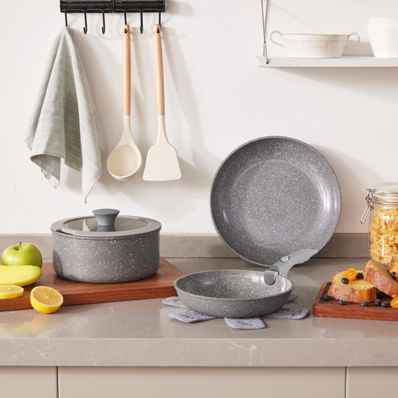 5-Piece Ceramic Non-Stick Cookware Set with Removable Handle, Grey