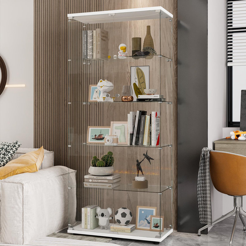 74" Tempered Glass Curio Cabinet 5-Tier China Cabinet Display Rack with Lockable Doors, White