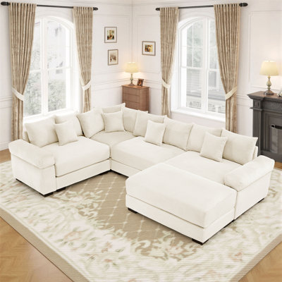 116.9" Corduroy Sectional Corner Sofa 5 Piece Oversized Modular Deep Seat Cloud Couch With Upholstered Movable Ottoman