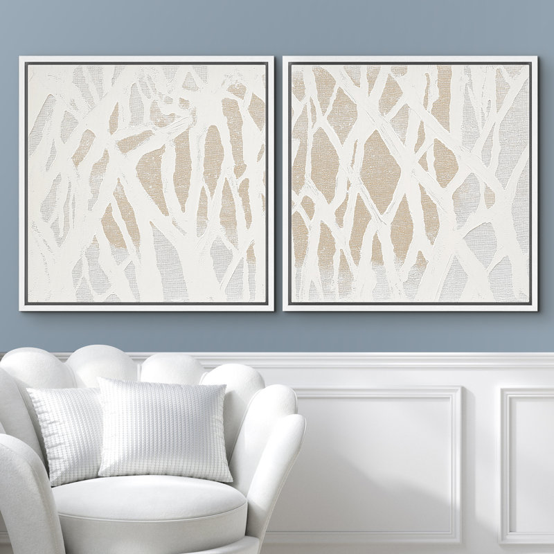 «White and Beige Organic Line Modern Modern Style», ensemble de 2 reproductions d'art encadrées, H 16 po x l 16 po