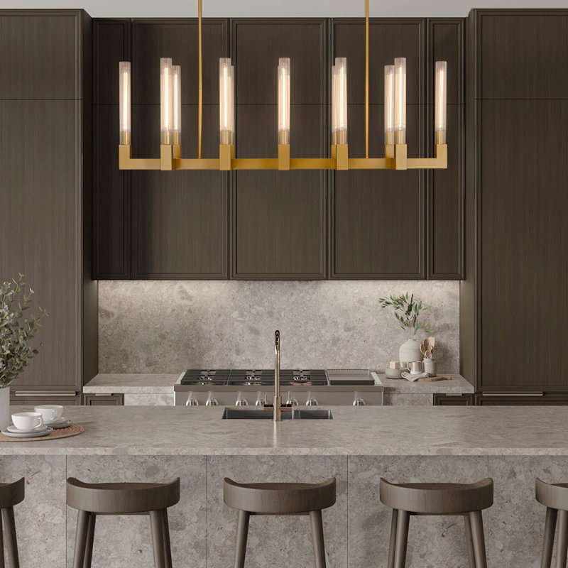 Farmhouse Chandelier With Glass Tube, Gold, 17.8'' H X 12'' W X 54'' D