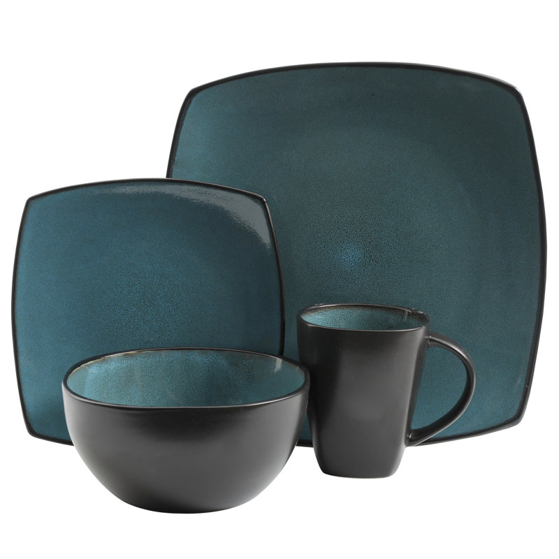 Teal and Black Square Porcelain Dinnerware Set, Service for 4