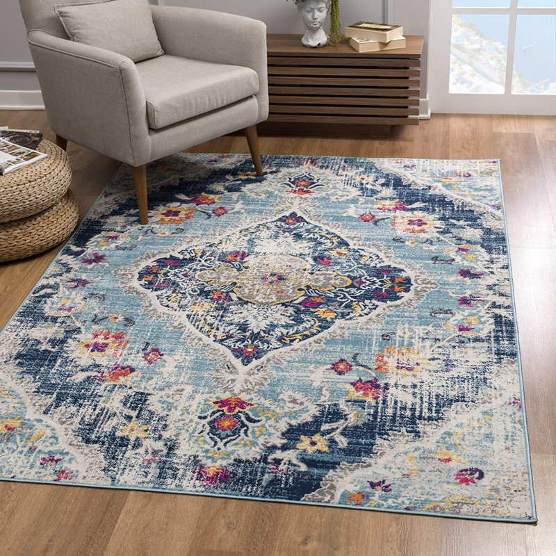 Tapis bleu à motif de médaillon délavé, Tapis de couloir 2 pi 3 po x 8 pi