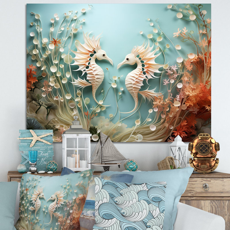 Aquarelle, dessin de danse des dragons de mer - plage et océan, art mural dans le salon, Toile tendue