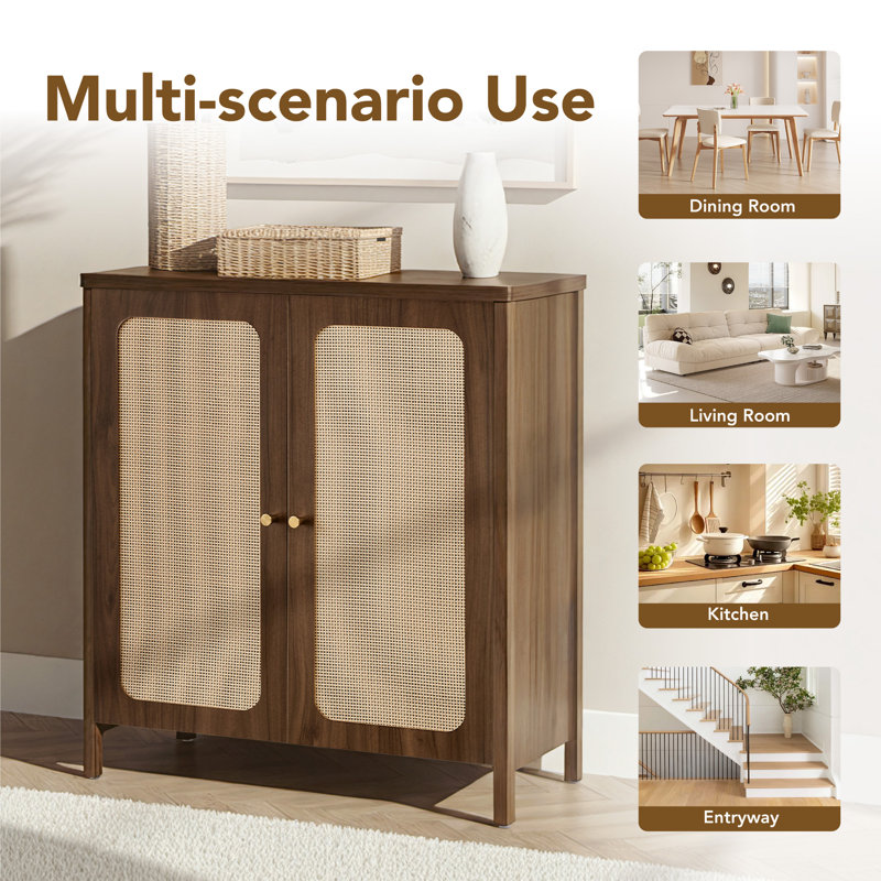 63" W Modern Sideboard Buffet Cabinet  With Rattan Doors And Adjustable Shelves(Set Of 2), Walnut