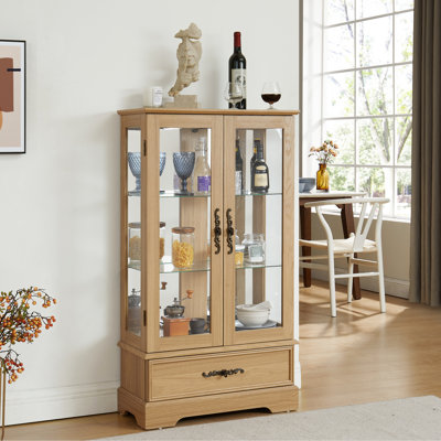 Vitrine vitrée avec système d'éclairage, étagères réglables, 2 portes, 1 tiroir, finition chêne - Design rétro, grande capacité de rangement, montage rapide, éclairage DEL, style rétro