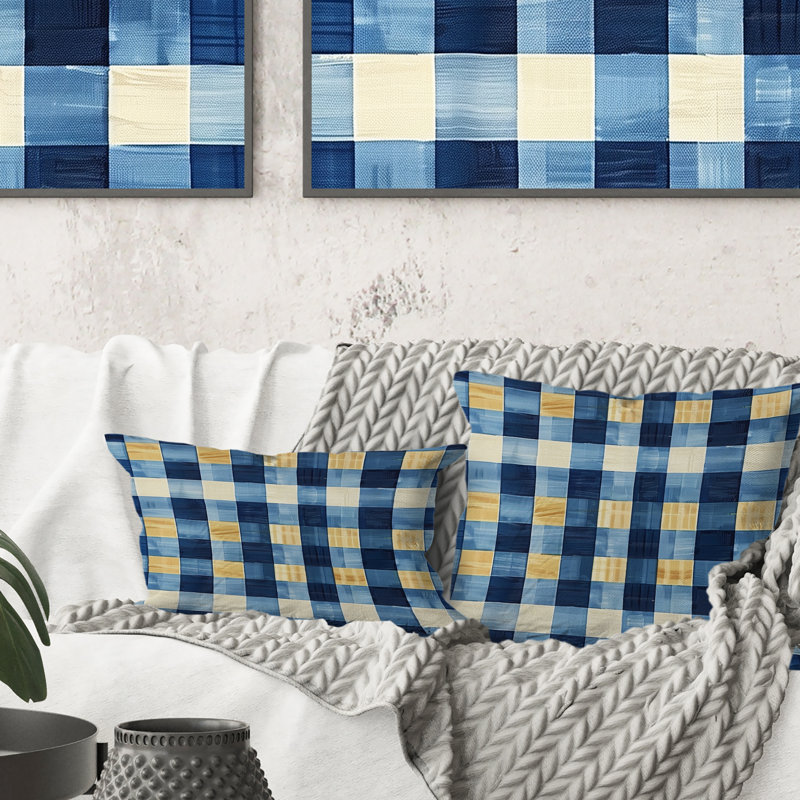 Coussin Mid-Century Gingham II - Mid-Century bleu marine, H 18 po x l 18 po