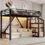 Lit mezzanine simple TG avec escalier de rangement, tablettes et garde-robe intégrée, cadre de lit mezzanine en métal avec DEL et USB, bois naturel-430354417-430354422