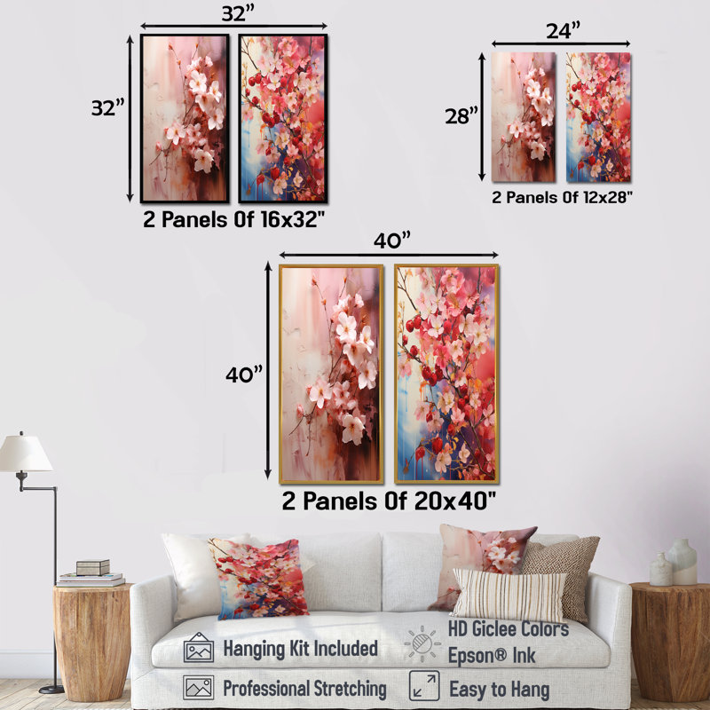 «Summer Pink Cherry Tree Blossums II», ensemble de 2 reproductions d'art sur toile, Cadre flottant doré, H 32 po x l 33 po