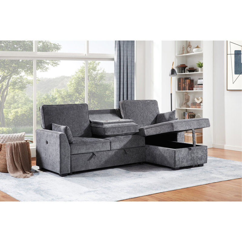 Canapé-lit modulaire en tissu gris foncé de 89 po avec méridienne réversible, ports de charge USB et USB-C, porte-gobelets, coussins