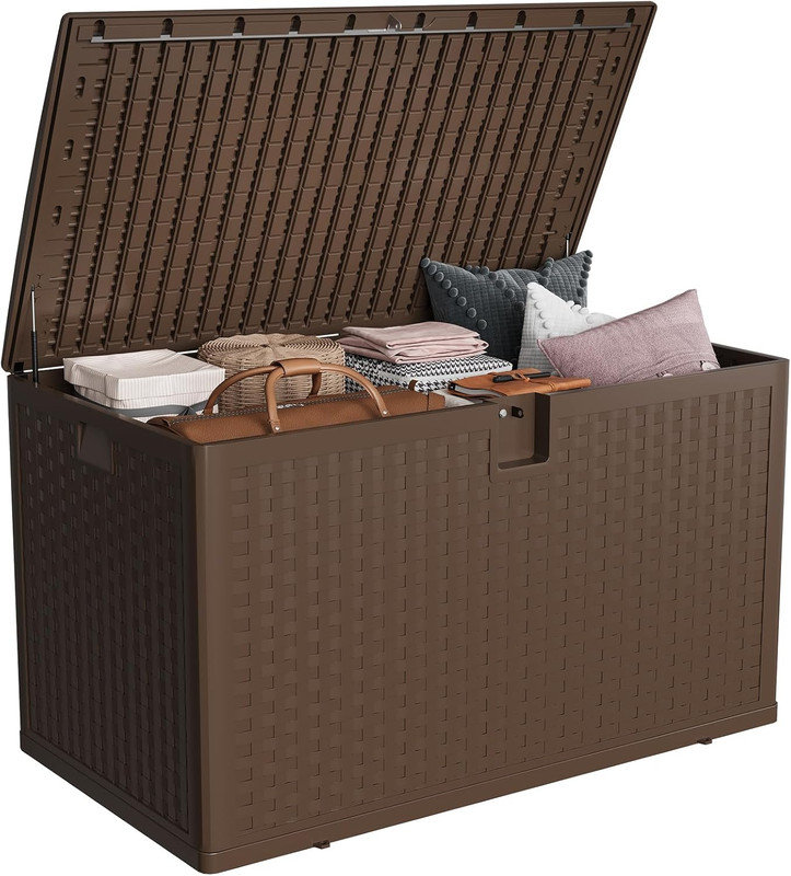 120 Gallon Waterproof Outdoor Storage Box, Lockable Plastic Deck Box for Pool & Garden Tools, Brown