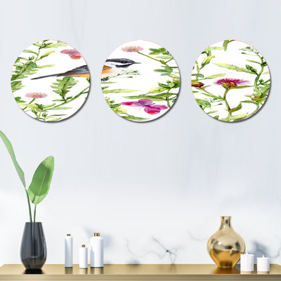 Ensemble de décoration murale 3 pièces pré avec papillons, oiseaux et herbes