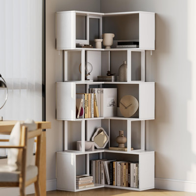 Corner Bookshelf, 62.6" Tall Metal Wooden Bookcase, Modern Freestanding Corner Shelf with Baffle, 6 Tiers l-Shaped Display Rack Storage Organizer