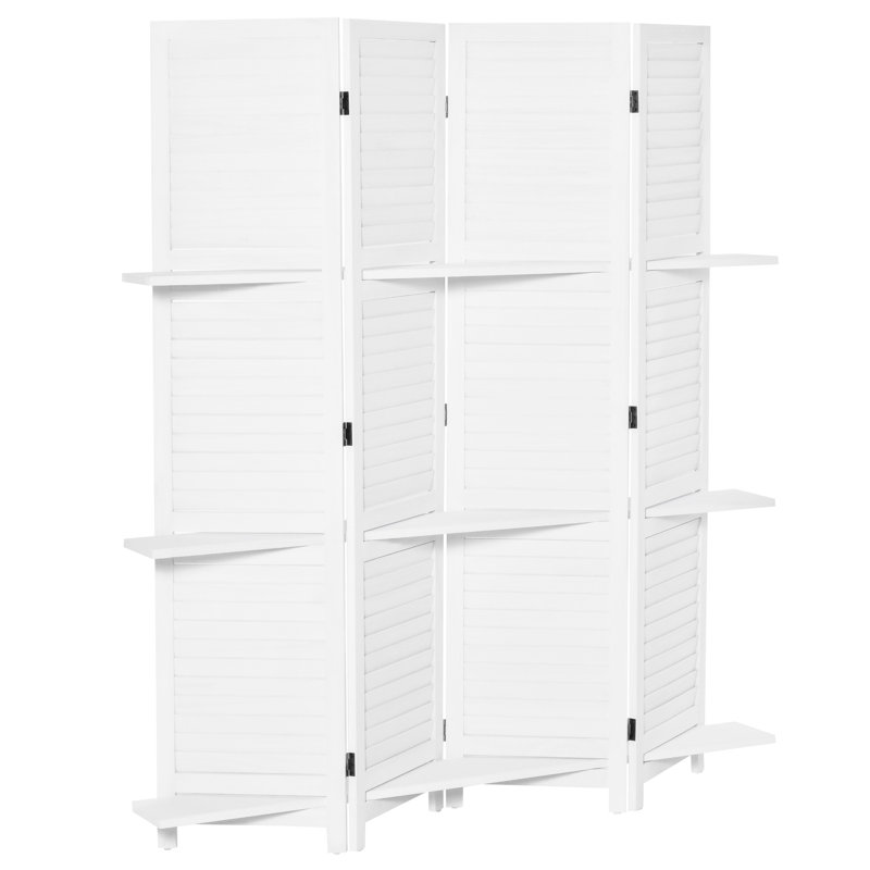 Paravent 4 panneaux en bois de 67 po de hauteur, 3 tablettes de présentation et bureau pliant pour la chambre à coucher / bureau à domicile, écran blanc avec tablettes, maison / chambre à coucher