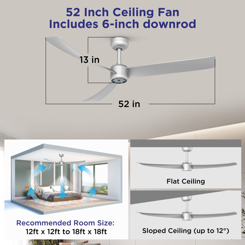 Ventilateur de plafond 52 pouces avec télécommande veilleuse à DEL, Argent avec pales argent