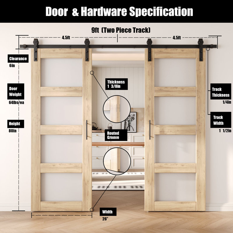 Portes de grange non assemblées et non finies en verre à 4 verres de 26 po x 80 po Homquer, 26" X 80"