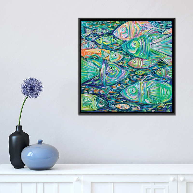 «School of Fish» par Estelle Grengs - impression d'art graphique, H 18 po x l 18 po x P 1,5 po, Toile avec cadre noir