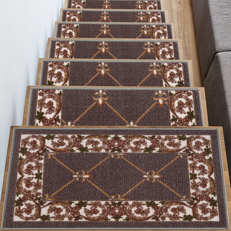 Tapis d'escalier bleu marine / brun / vert / crème Aadhan, 7, Gris foncé