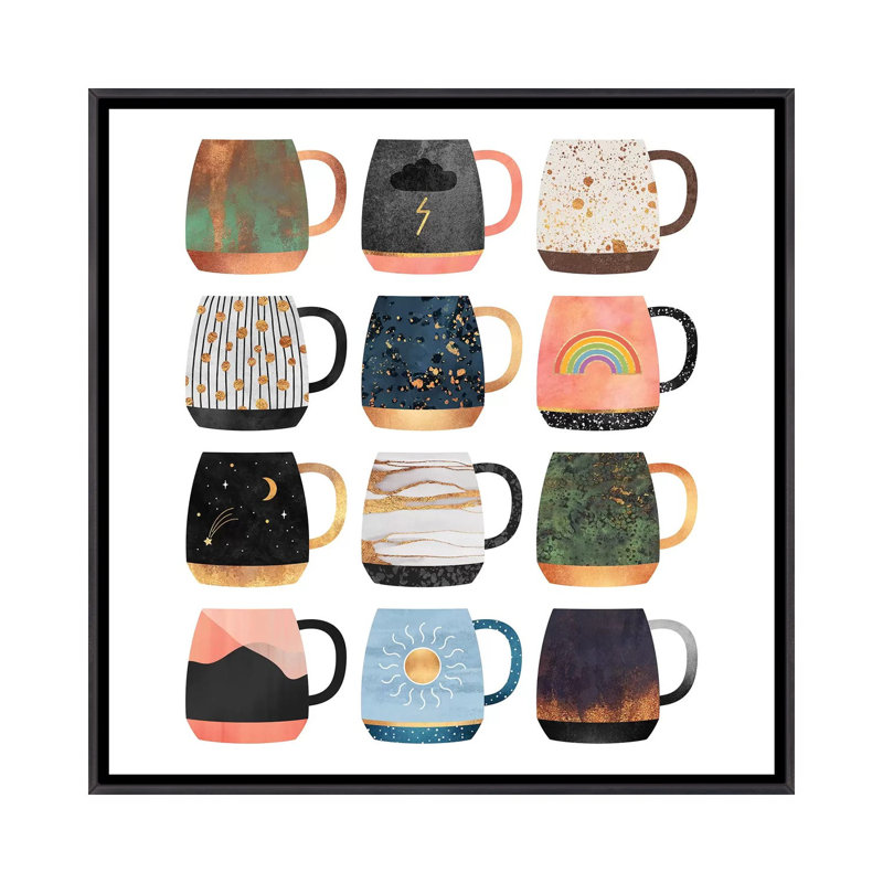 Collection « coffee Cup collection II » par Elisabeth Fredriksson-impression d’art graphique, Toile avec cadre noir patiné